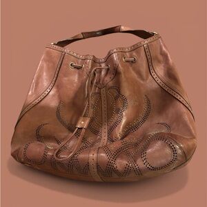 Cole Haan Chestnut Brown Perforated Leather Drawstring Tote
